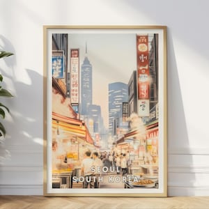 Seoul Südkorea Poster, koreanischer Nachtmarkt-Druck, Stadtbild Wandkunst, asiatische Street Food-Szene, Urban Travel Decor, Home Office Arts