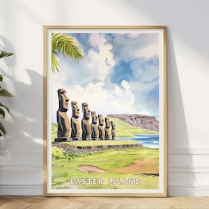 Easter Island Poster, Rapa Nui Moai Statues , Chile Travel Print, Ancient History Art, Polynesian Culture Decor, Watercolor Easter Island