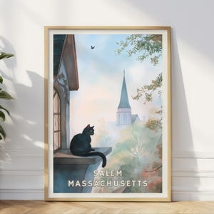 Salem Massachusetts Poster, Hexenstadt Schwarze Katze Wandkunst, Gothic Herbst Dekor, Historischer Kirchturm Druck, Halloween Home Office Kunstwerk