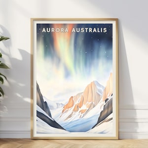 Póster de Aurora Australis, Arte mural de la aurora austral, Impresión de paisaje antártico, Decoración de cielo polar, Arte de montañas nevadas para el hogar y la oficina