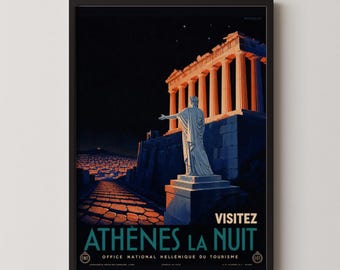 Retro Athens Poster: Vintage Art Deco Acropolis Parthenon Night Statue Illustration, Classic Greece Travel Wall Art, Living Room Home Decor