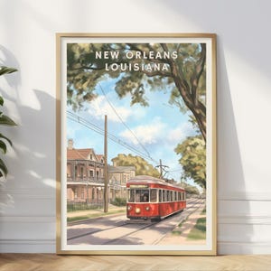 Pôster de bonde de Nova Orleans, impressão de arte de parede da Louisiana, decoração histórica de bonde de Nova Orleans, pôster de viagem da cidade do sul, impressão urbana para escritório em casa