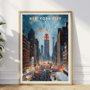 Póster de la ciudad de Nueva York, impresión de fuegos artificiales del horizonte de Nueva York para Año Nuevo, arte nocturno del Empire State Building, Times Square festivo, decoración art déco para el hogar en EE. UU.