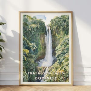 Póster de las Cataratas de Trafalgar, Dominica, arte mural de cascada tropical, impresión de naturaleza caribeña, exuberante paisaje selvático, decoración exótica para el hogar y la oficina.