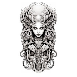 May include: A black and white illustration of a woman's face with intricate mechanical details surrounding it. The woman's face is framed by a complex network of gears, pipes, and wires, creating a futuristic and cyberpunk aesthetic.