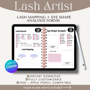 Könnte beinhalten: Ein digitaler Wimpernkünstler-Planer auf einem Tablet mit Wimpern-Mapping- und Augenform-Analyseformularen. Der Planer enthält Abschnitte für Wimperndaten, Augenformanalyse und Kundenfotos. Der Text lautet "Lash Artist" und "Edit in Canva."