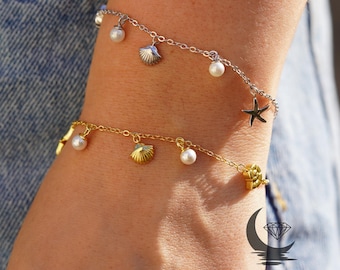 Bracciale con ciondolo a forma di conchiglia e stella marina: gioielli minimalisti da spiaggia con perle