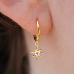 Celestial Earrings 925 Silver And Gold - North Star Hoops, Minimalist Star Earrings, Dainty Earrings, Huggie Earrings, Dangle Star Earrings