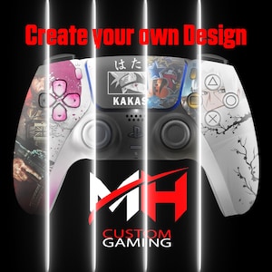 Könnte beinhalten: Individuell gestalteter Gaming-Controller mit weißem und schwarzem Design. Der Controller verfügt über ein pinkfarbenes Steuerkreuz, Charakterkunst und den Text "Create your own Design". Das MH Custom Gaming-Logo befindet sich unten.