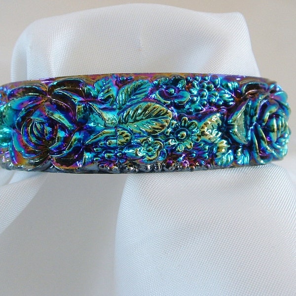 Rare Vintage Molded Peacock Blue & Purple Iridescent Floral Plastic Bracelet - NOS