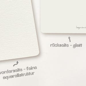 May include: Close-up of two white paper cards. One card has a textured surface, and the other is smooth. Text in German indicates the textured side is the front with a fine watercolor structure, and the smooth side is the back.