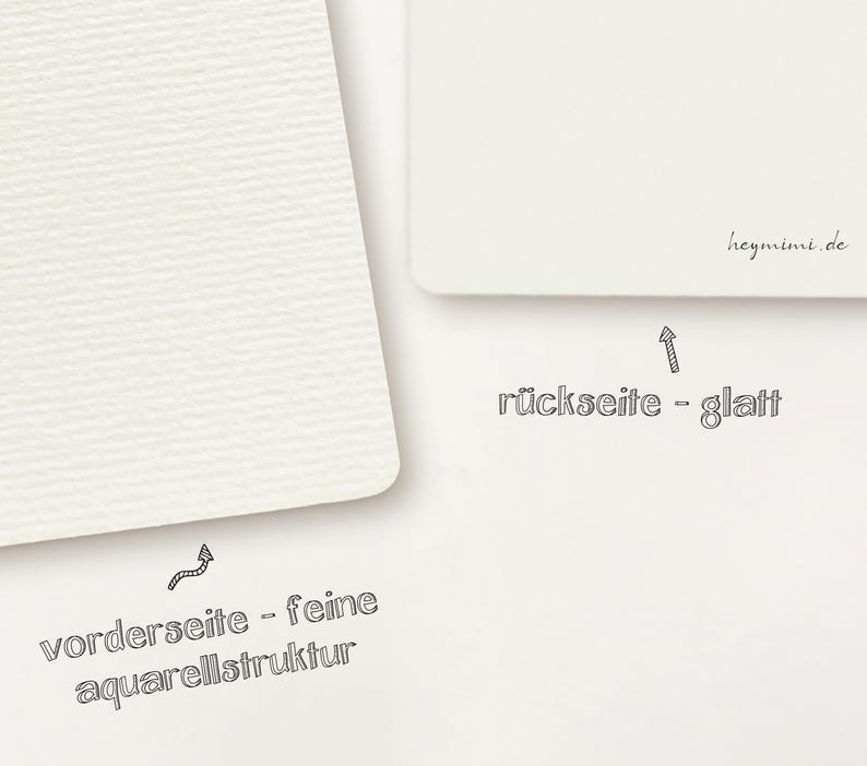 May include: Close-up of two white paper cards. One card has a textured surface, and the other is smooth. Text in German indicates the textured side is the front with a fine watercolor structure, and the smooth side is the back.