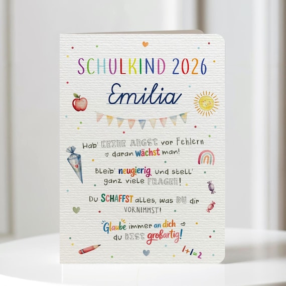Personalisierte Karte zur Einschulung I Karte Einschulung mit Namen I Glückwunsch 1. Schultag I Aquarell I abgerundete Ecken I handgemacht