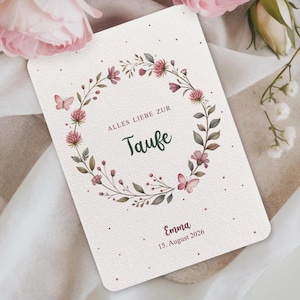 Tarjeta de felicitaciones personalizada para bautizo I Tarjeta para bautizo niña I Tarjeta para bautizo corona de flores con nombre y fecha imagen 2