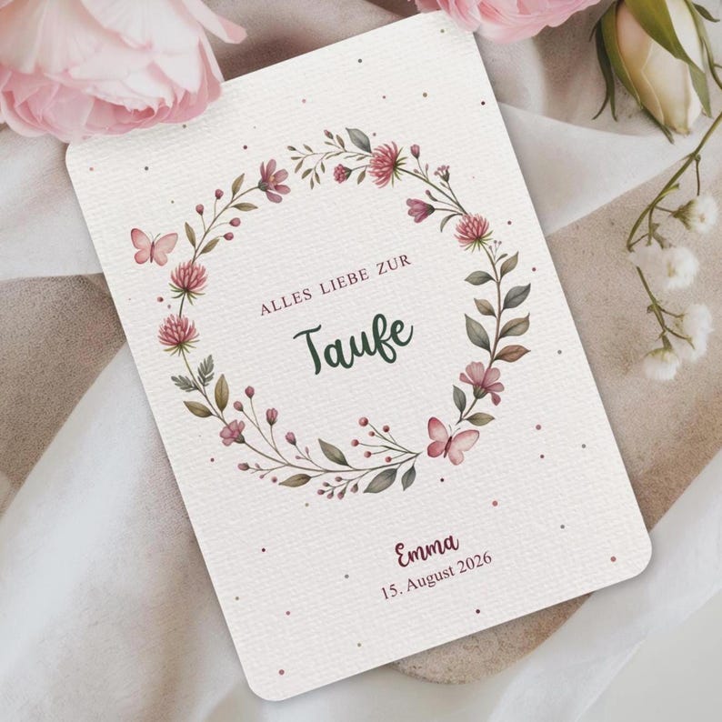 Tarjeta de felicitaciones personalizada para bautizo I Tarjeta para bautizo niña I Tarjeta para bautizo corona de flores con nombre y fecha imagen 2