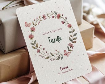 Spersonalizowana kartka z gratulacjami z okazji chrztu I Kartka dla dziewczynki do chrztu I Kartka na wianek z kwiatów do chrztu z imieniem i datą