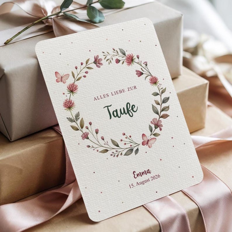 Tarjeta de felicitaciones personalizada para bautizo I Tarjeta para bautizo niña I Tarjeta para bautizo corona de flores con nombre y fecha imagen 1