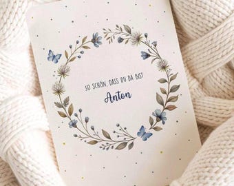 Personalized congratulations card for the birth of a boy or girl | Card for the birth of a boy or girl | Card for the birth of a flower wreath with name | A6