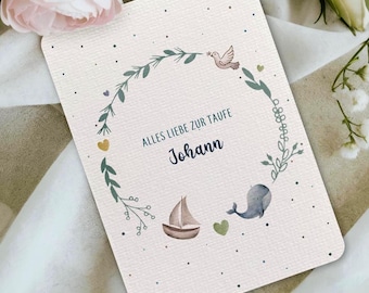 Gepersonaliseerde doopfelicitatiekaart I Doopkaartkrans met naam I Doopkaart walvis zeilboot I afgeronde hoeken I A6