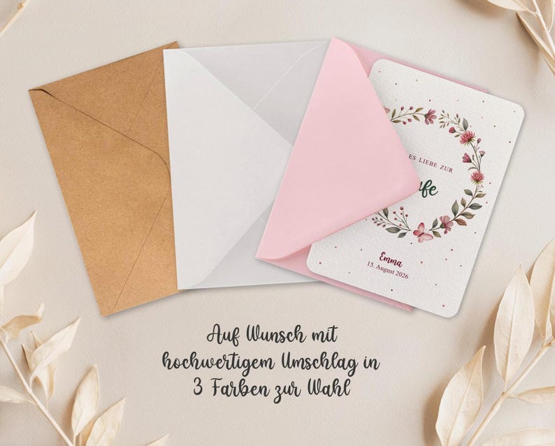 Puede incluir: Una tarjeta de felicitaci&oacute;n con un dise&ntilde;o de corona floral, dentro de un sobre rosa, con un sobre blanco detr&aacute;s y un sobre marr&oacute;n a la izquierda. La tarjeta tiene el nombre "Emma" y la fecha "15. August 2026". El texto "ES LIEBE ZUR" y "fe" tambi&eacute;n son visibles.