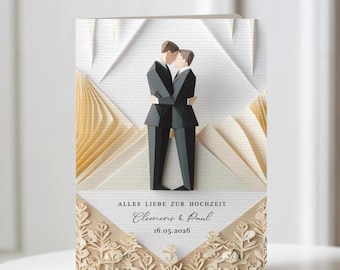 Personalized same-sex wedding congratulations card with names & date | Wedding for men | LGBTQ card | Paper art look