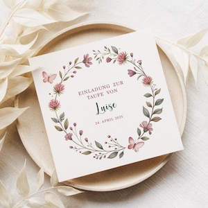 Einladung Taufe inkl. Briefumschlag I Taufe Blumen I Personalisierte Einladung Taufe I Klappkarte Taufe I Blumenkranz Aquarell