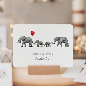 Personalized baby congratulations card | Elephants | Hand-painted watercolor | Rounded corners | Second child | A6