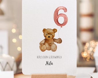 Personalized birthday greeting card for children | Hand-painted watercolor | Rounded corners | Name and number customizable | A6
