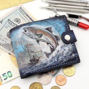 Cartera de cuero repujado a mano con diseño de atún - Regalo personalizado hecho a mano para pescadores