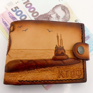 Cartera de cuero para hombre única con diseño submarino - Regalo personalizado hecho a mano