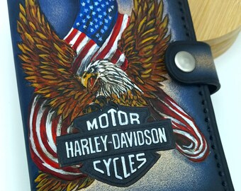 Cartera de cuero Harley Davidson con diseño de águila - Cartera de motocicleta con herramientas manuales - Regalo en relieve hecho a mano