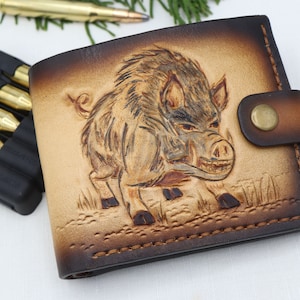 Handgefertigte Ledergeldbörse - Wildschwein Motiv - Geldbeutel für Jäger und Förster