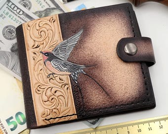 Cartera de cuero con relieve de golondrina - Accesorio elegante para los amantes de las aves - Regalo personalizado hecho a mano