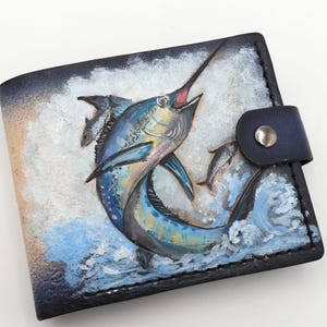 Cartera de cuero repujado a mano con diseño Marlin - Regalo personalizado hecho a mano para pescadores
