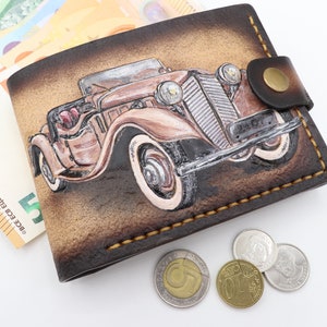 Cartera de cuero de coche retro en relieve para hombre - Regalo personalizado hecho a mano