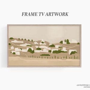 May include: A digital illustration of a beige and white town with green trees on a beige background. The image is framed in a light brown frame. The text "FRAME TV ARTWORK" is at the top of the image.