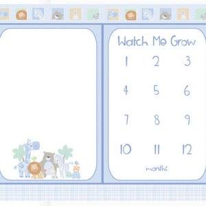 May include: A light blue baby milestone photo mat with the text "Watch Me Grow" and numbers 1-12. The mat features a border with animal illustrations and a bottom border with a group of cartoon animals.