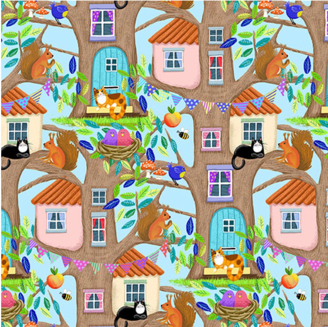henry-glass-tree-house-packed-tree-houses-blue-cotton-fabric-by-yard-etsy