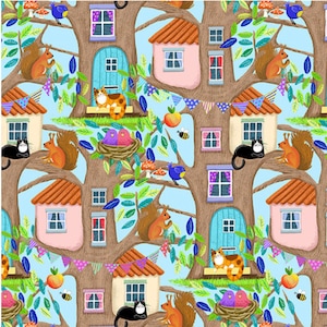 May include: A whimsical illustration of a tree with multiple houses built into the branches. The houses are painted in shades of pink, yellow, and brown, with blue doors and windows. There are also squirrels, birds, cats, and bees throughout the illustration.