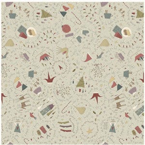 Może przedstawiać: Powtarzający się wzór z ilustracjami o tematyce bożonarodzeniowej w stonowanych kolorach. Projekt zawiera choinki, rękawice, ptaki i inne świąteczne elementy, z odręcznym pismem rozrzuconym po całym wzorze. Tło jest jasnobeżowe z małymi kropkami.