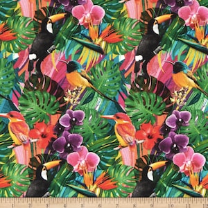 Stof of France Bletilla Toucan Green Cotton Quilting Fabric By The Yard