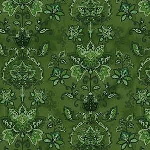 Henry Glass Jacobean Joyeux damast groene katoenen stof op maat gesneden