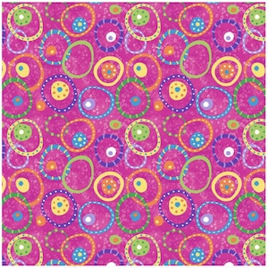 Könnte beinhalten: Ein lebendiges, sich wiederholendes Muster mit bunten, konzentrischen Kreisen und Ovalen auf einem leuchtend pinkfarbenen Hintergrund. Die Kreise sind in verschiedenen Farben umrandet, darunter Gelb, Grün, Blau und Orange, mit gepunkteten und durchgezogenen Linien.