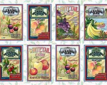 May include: A vintage-style illustration of nine different fruit and vegetable labels. Each label features a colorful illustration of a different fruit or vegetable, such as peaches, grapes, bananas, and apples. The labels are all set against a white background with a decorative border.