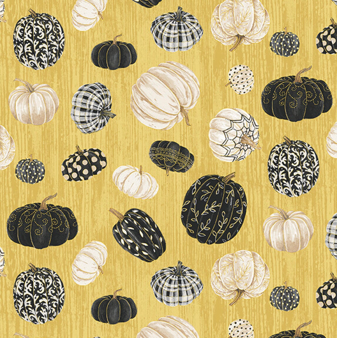 Henry Glass Fall Potpourri Tossed Pumpkins Mustard Fabric by the Yard ...