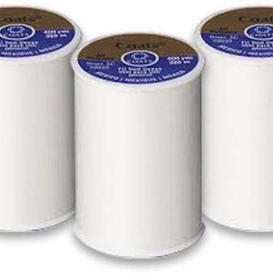 May include: Three white spools of Coats Silver Star thread, each with a brown label that says "Coats" and "Silver Star" in blue lettering. The spools are 400 yards (360 meters) each.