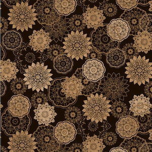 Könnte beinhalten: Ein nahtloses Muster mit filigranen, braunen Blumendesigns auf schwarzem Hintergrund. Das Muster besteht aus verschiedenen Größen und Formen von Blumen, alle mit einem zarten, handgezeichneten Look.