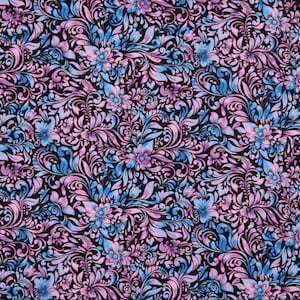 Könnte beinhalten: Ein nahtloses Stoffmuster mit schwarzem Hintergrund und einem sich wiederholenden Muster aus blauen und rosa floralen Wirbeln.