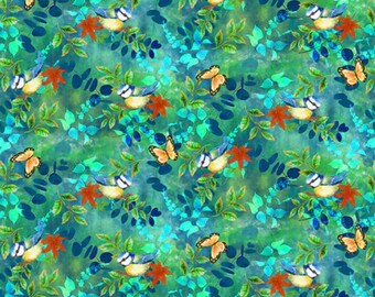 Studio E Auburn Fox Bird Tossed Allover Teal Cotton Fabric cortado a medida