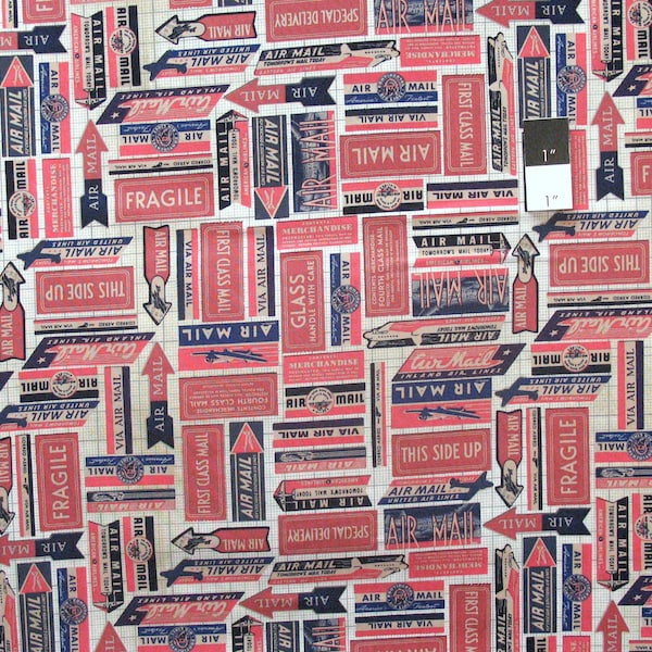 Tim Holtz PWTH041 Correspondence Postal Air Mail Red Cotton Fabric By Yard
